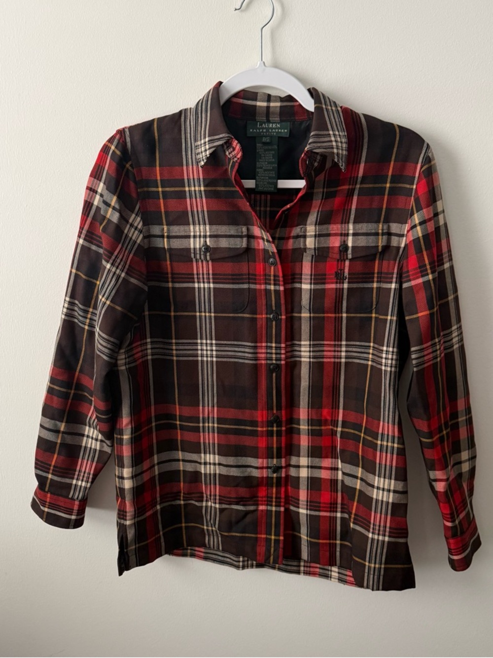 Lauren Ralph Lauren Worsted Wool Plaid Button-DownShirt P/S Embroidery Logo Fall